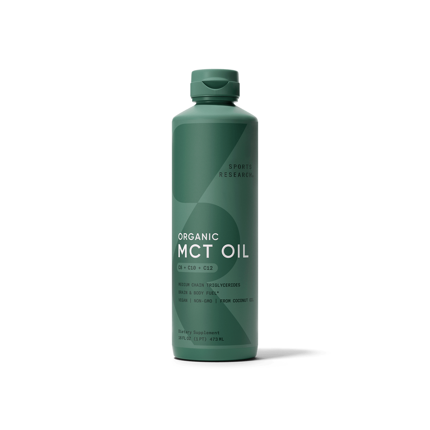 Sports Research Organic MCT Oil Full Spectrum on a green background.