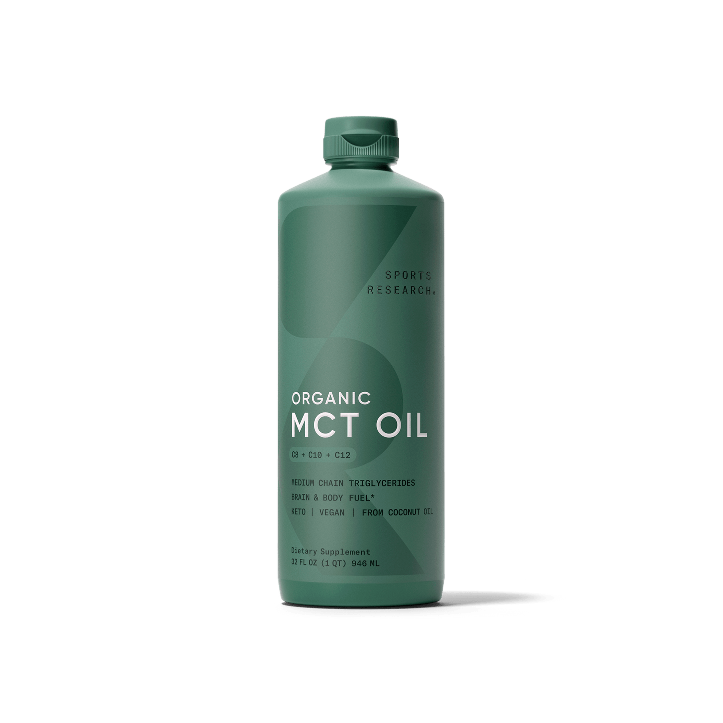 Sports Research Organic MCT Oil Full Spectrum on a green background.
