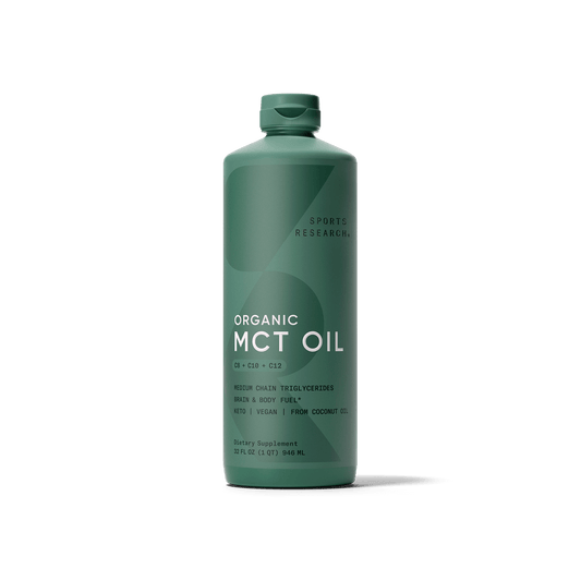 Sports Research Organic MCT Oil Full Spectrum on a green background.