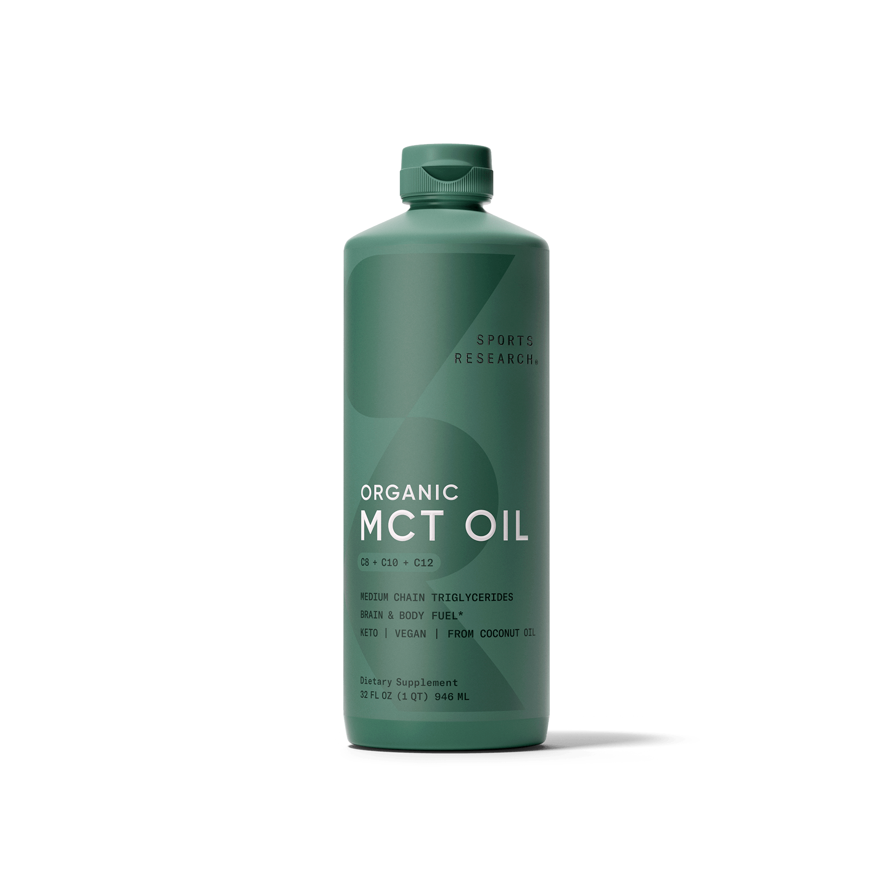 Sports Research Organic MCT Oil Full Spectrum on a green background.