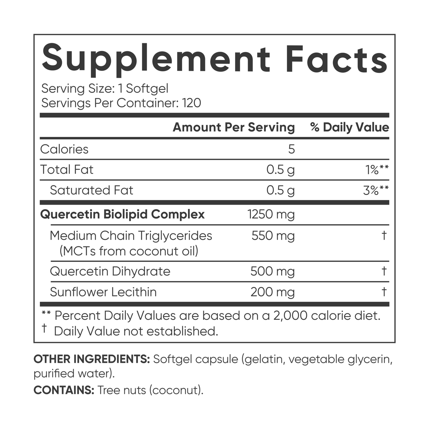 a supplement label with the ingredients listed on it, such as Quercetin with Coconut MCT Oil by Sports Research.