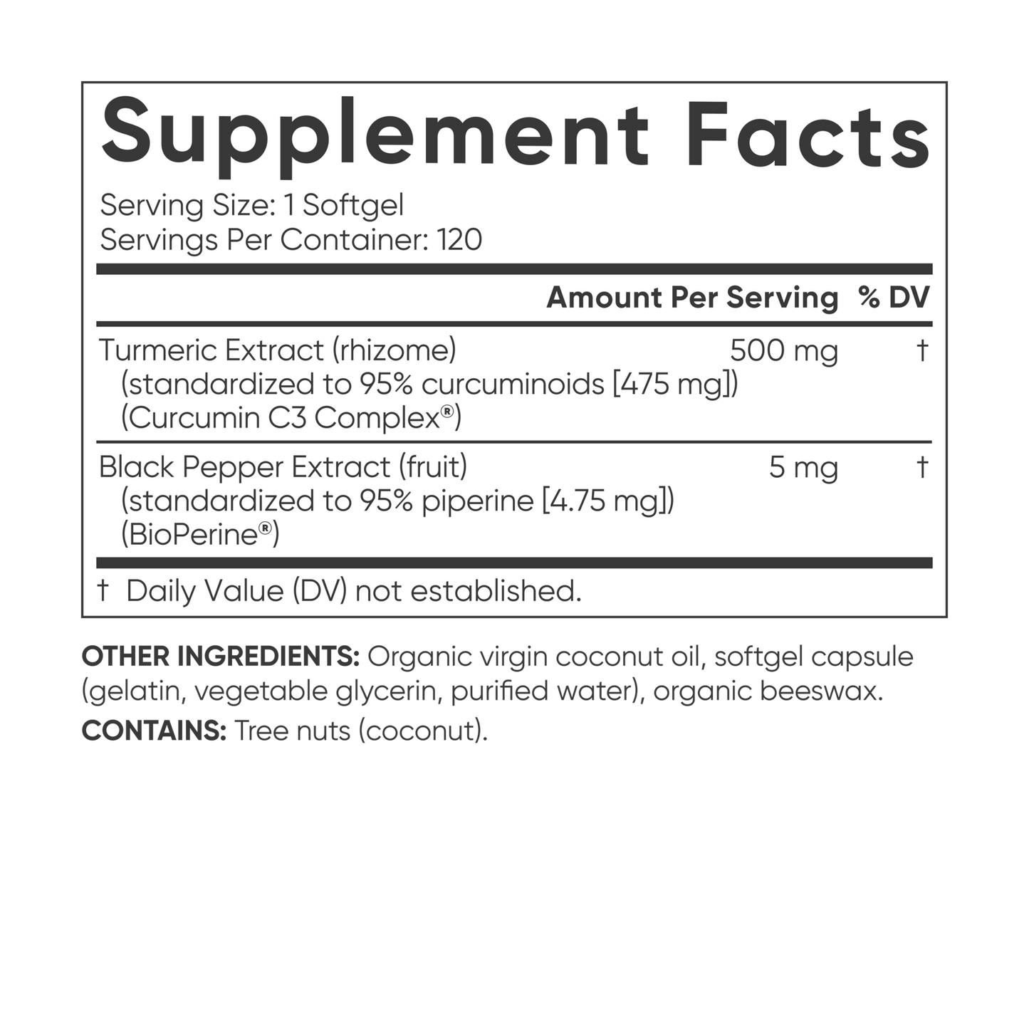 Turmeric Curcumin with Coconut Oil and Bioperine® supplement facts label by Sports Research.