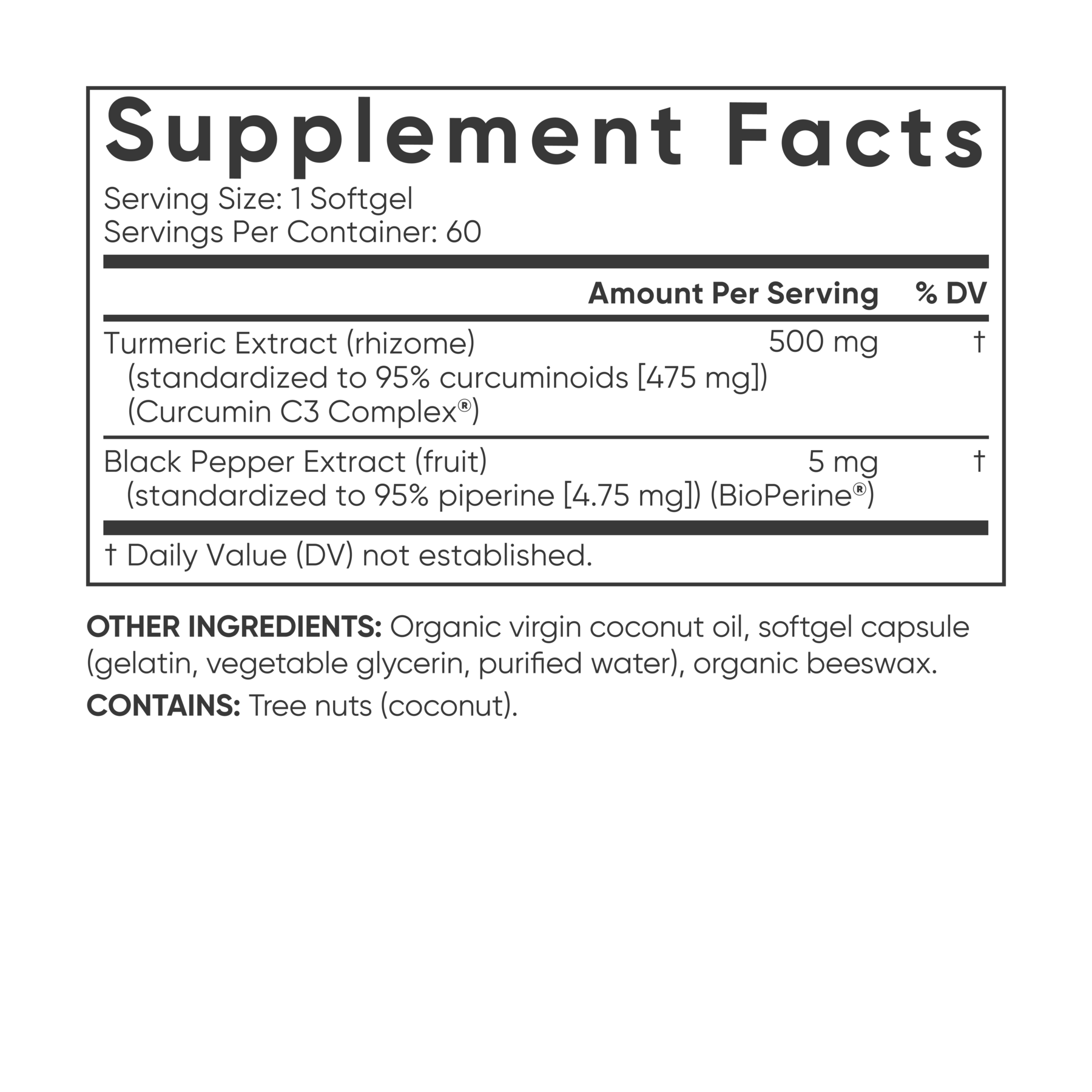 a label for Sports Research Turmeric Curcumin with Coconut Oil and Bioperine® supplement.