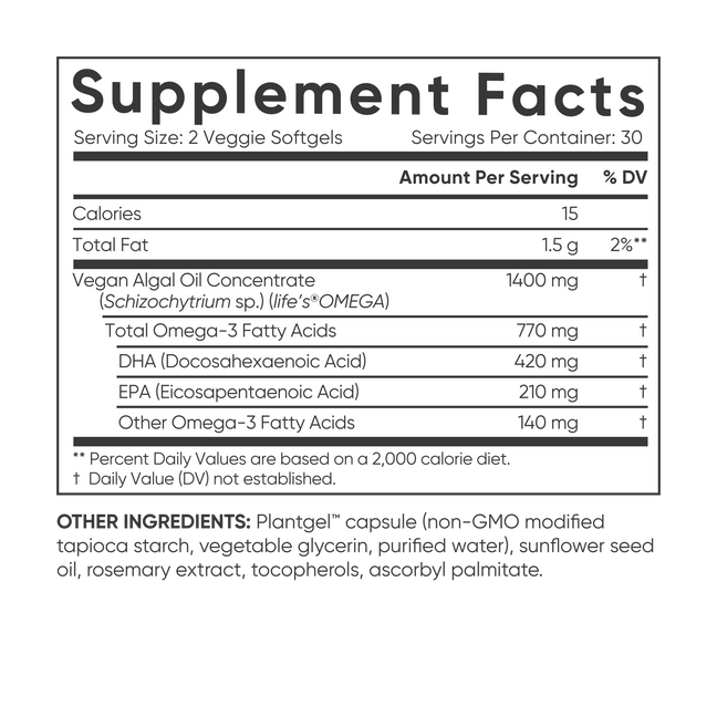Vegan Omega-3 from Algae Oil supplement facts by Sports Research.