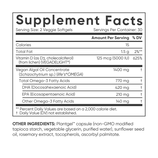 Sports Research Vegan Omega-3 + Vitamin D3 supplement facts label.