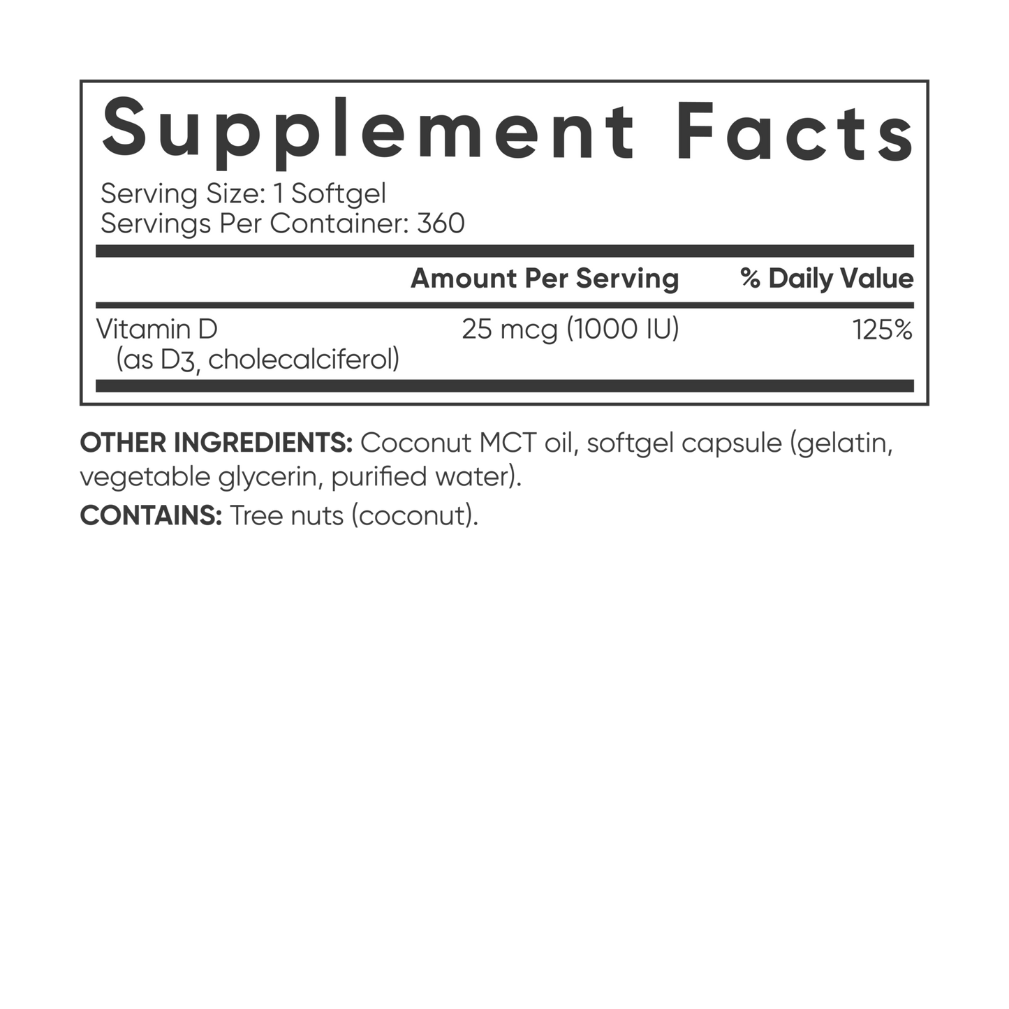 Sports Research Vitamin D3 with Coconut MCT Oil supplement facts label.